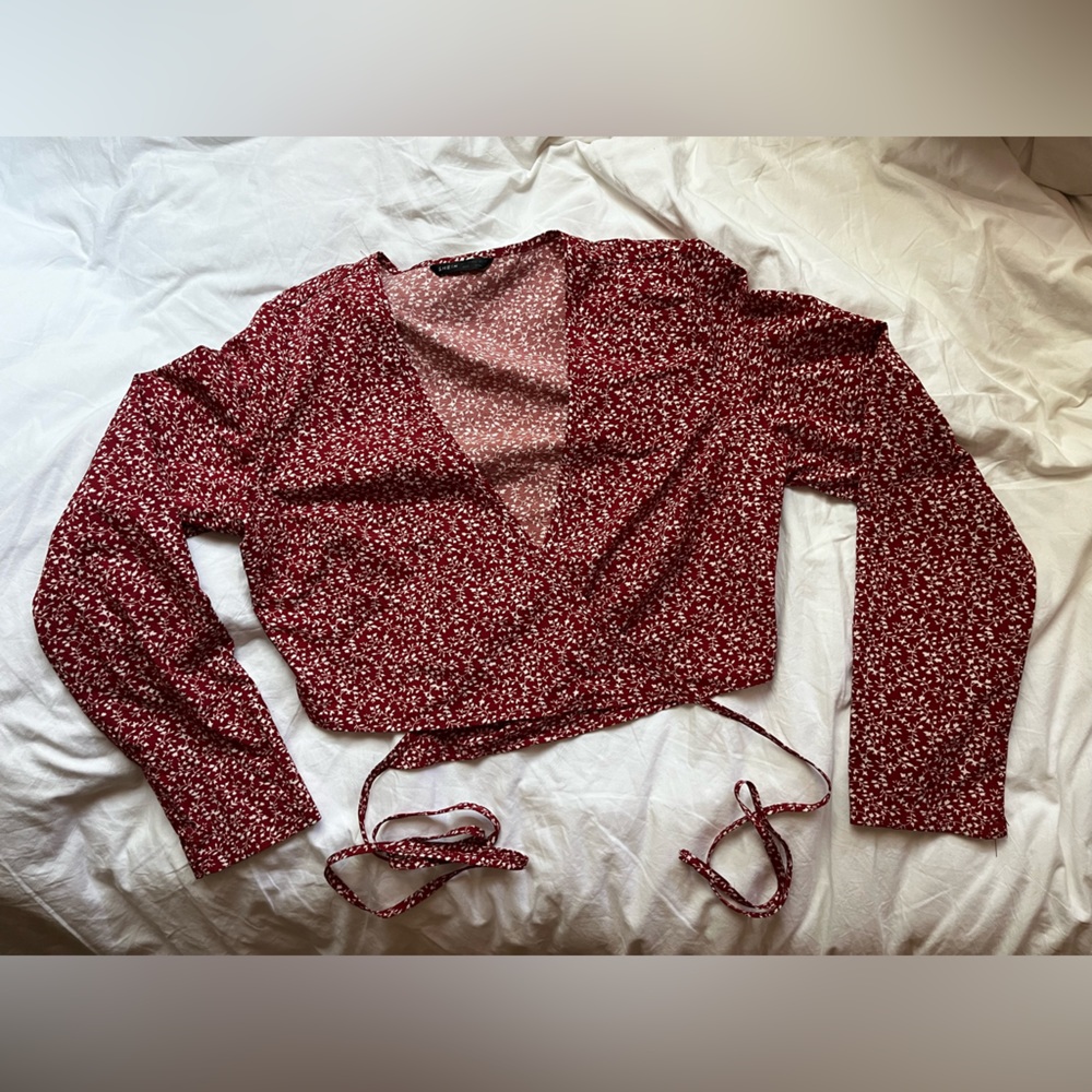 Red floral ballet wrap around blouse